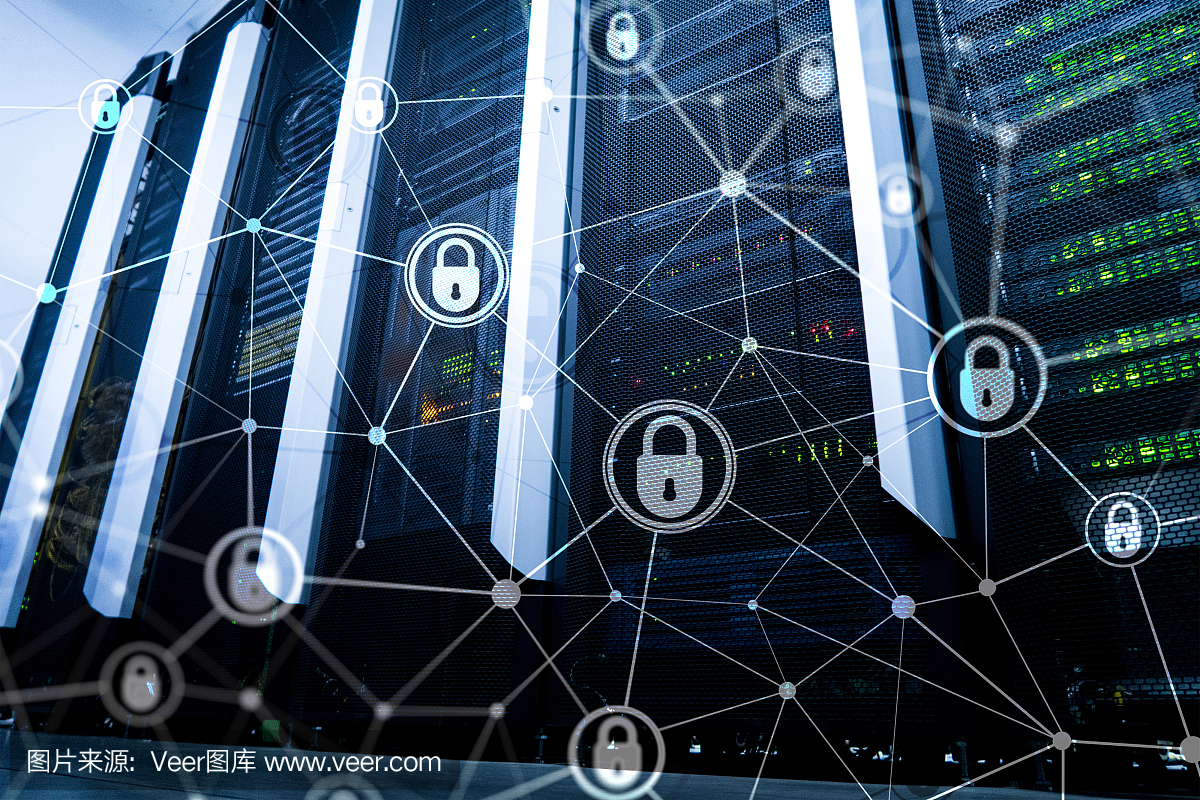 網絡安全,信息隱私,數據保護概念在現代服務器室背景下?；ヂ摼W和數字技術的概念。
